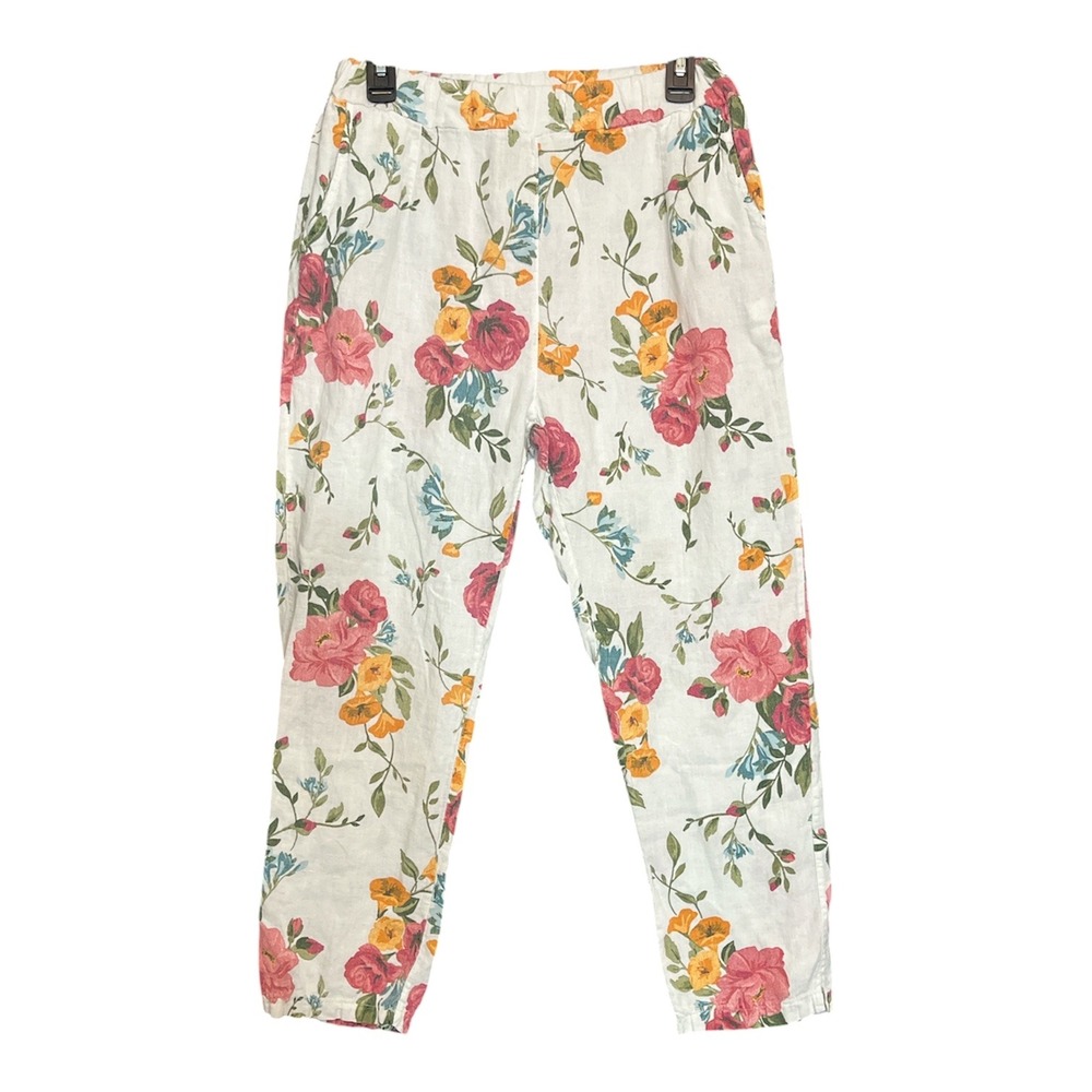 Belle France Floral Linen Pants Women Size Medium Made in Italy Cottage Boho